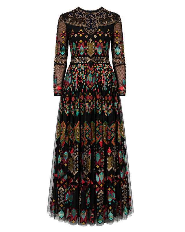Valentino Embroidered Tulle Gown with Multicolor Motif in Black