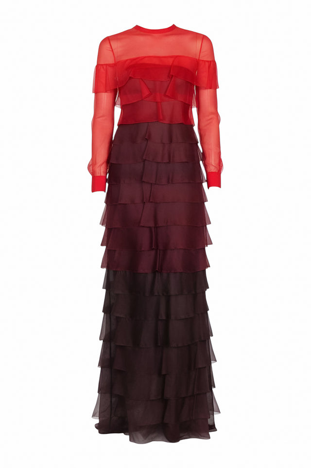 Valentino Red and Burgundy Tiered Ruffle Gown