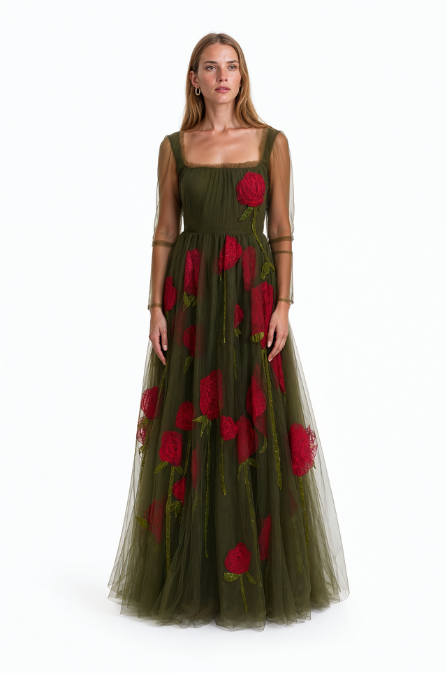 Valentino Rose Embroidered Tulle Evening Gown in olive green with crimson long-stemmed rose appliques