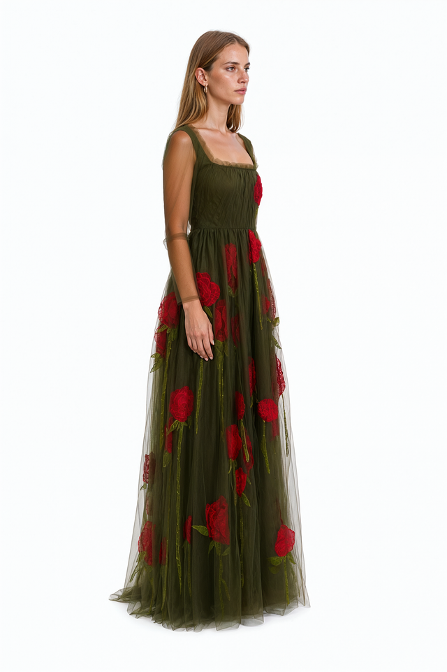 Valentino Rose Embroidered Tulle Evening Gown in olive green with crimson long-stemmed rose appliques