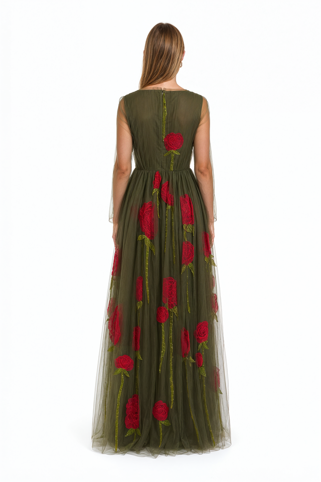 Valentino Rose Embroidered Tulle Evening Gown in olive green with crimson long-stemmed rose appliques
