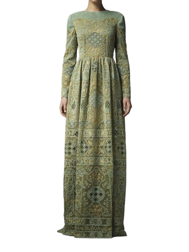 Valentino Garavani Women's Green Brocade Long Sleeve Maxi Dress