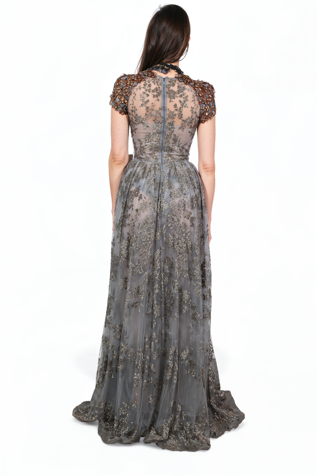 Valentino Embroidered Tulle Gown with Feather-Detail Shoulders