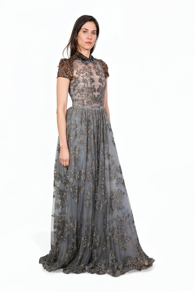 Valentino Embroidered Tulle Gown with Feather-Detail Shoulders
