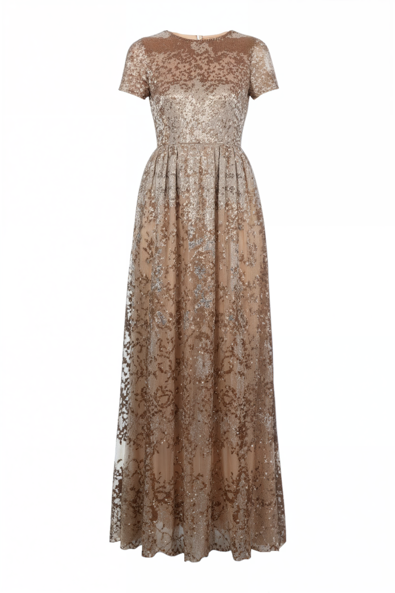 Valentino Gold Embroidered Tulle Gown with V-Back