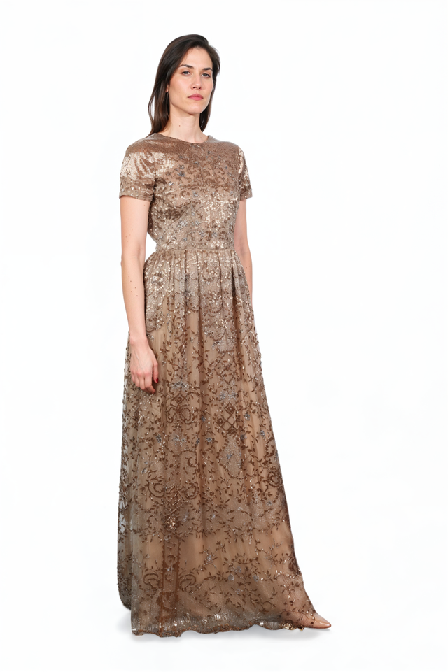 Valentino Gold Embroidered Tulle Gown with V-Back