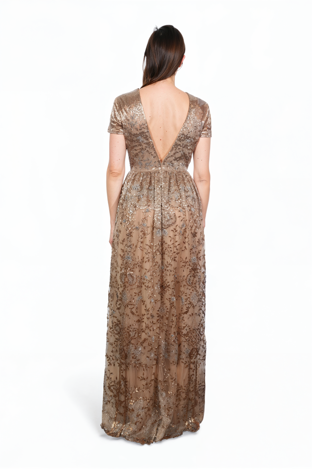 Valentino Gold Embroidered Tulle Gown with V-Back