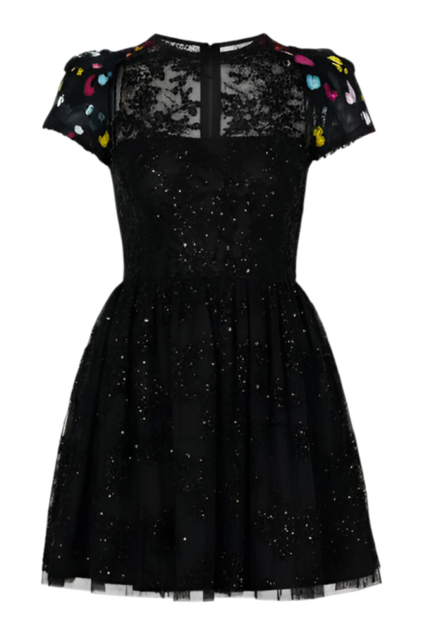 Valentino black sequin embroidered tulle mini dress with multicolor sleeve accents