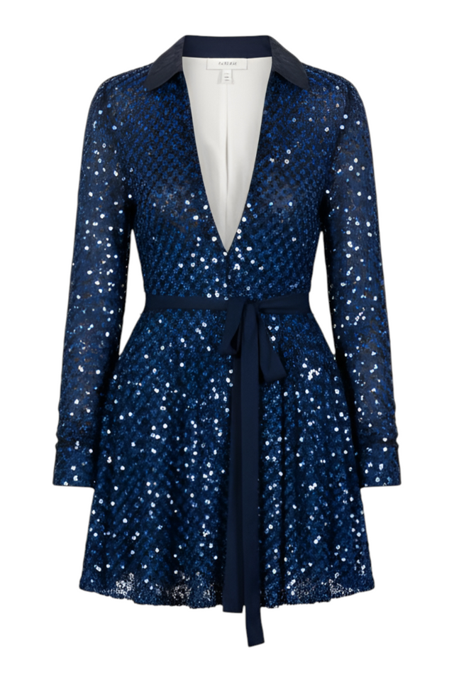 Valentino Sequined Shirt Mini Dress with Belt — Midnight Blue