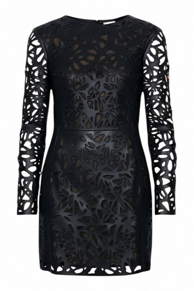 Valentino Black Laser-Cut Leather Long Sleeve Mini Dress
