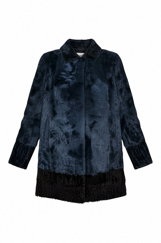 Valentino Midnight Blue Shearling Coat with Contrasting Hem Detail