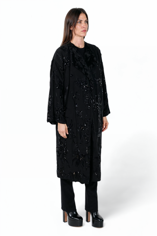 Valentino Black Embellished Coat with Fur Lining