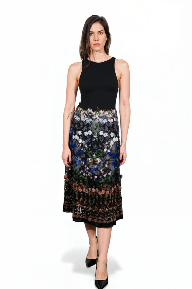 Valentino Embroidered Garden Midi Skirt with Feather Detailing