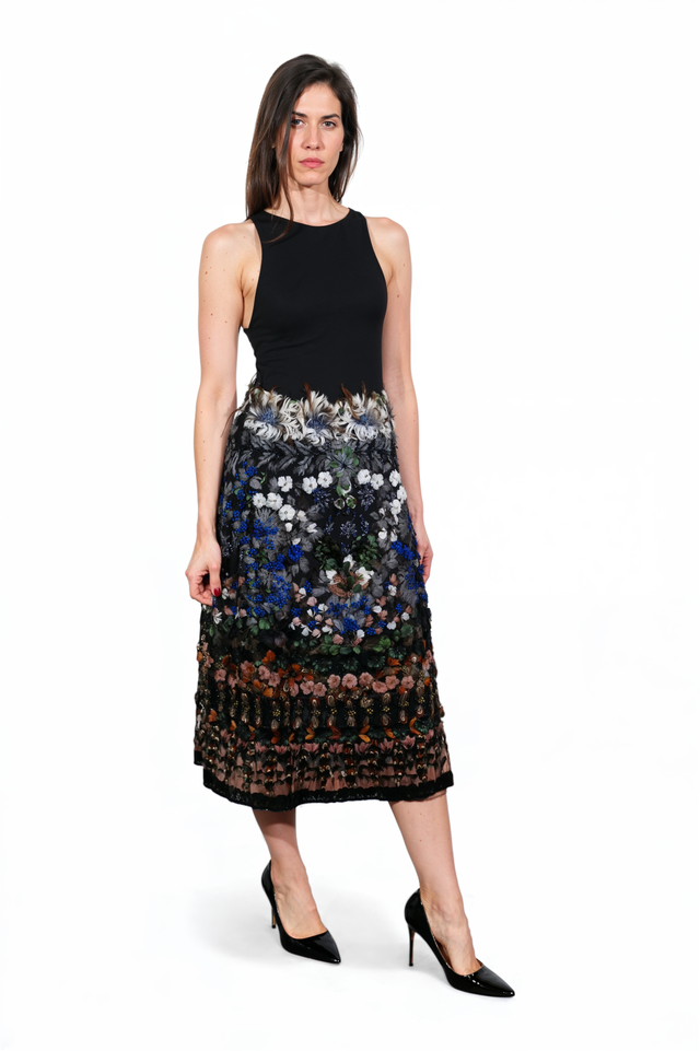 Valentino Embroidered Garden Midi Skirt with Feather Detailing