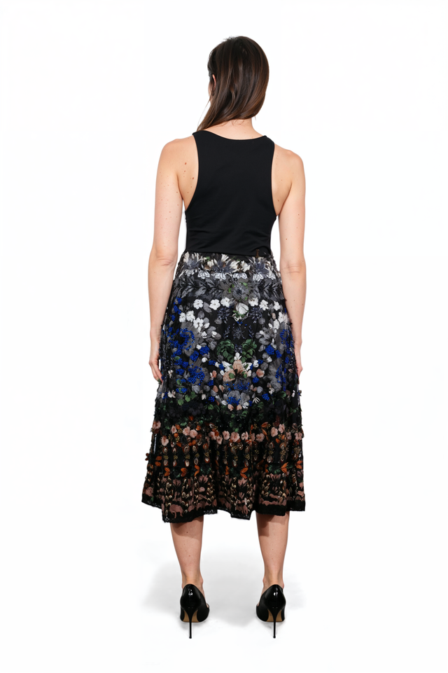 Valentino Embroidered Garden Midi Skirt with Feather Detailing