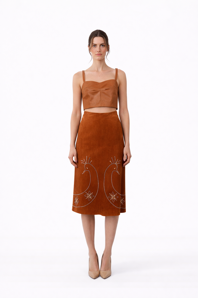 Valentino Rust Suede Embellished Midi Skirt