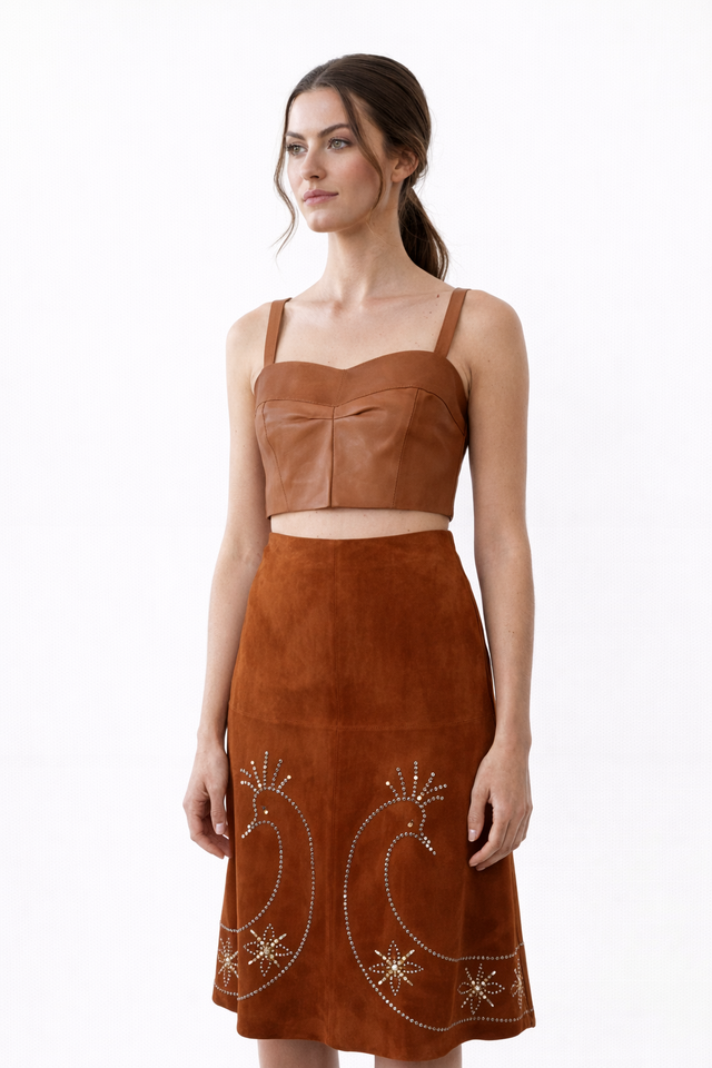 Valentino Rust Suede Embellished Midi Skirt