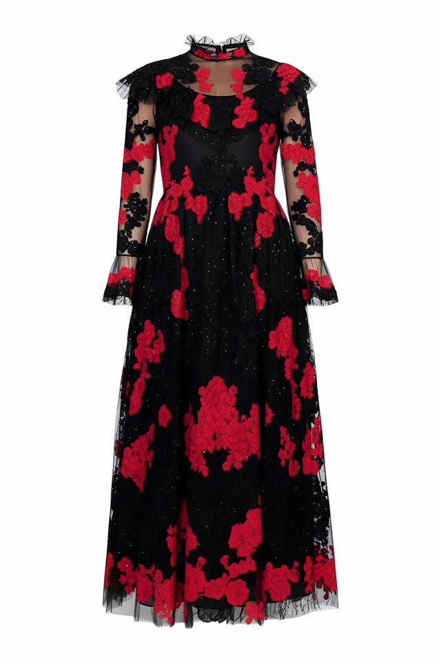 Valentino Sheer Black & Red Floral Lace Gown