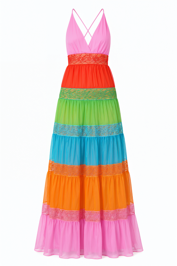 Valentino Multicolor Tiered Lace Maxi Dress