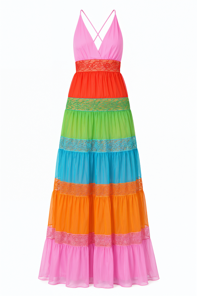 Valentino Multicolor Tiered Lace Maxi Dress