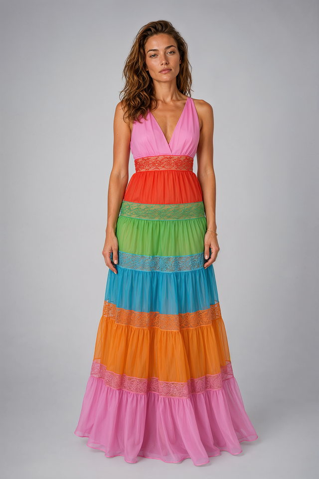 Valentino Multicolor Tiered Lace Maxi Dress