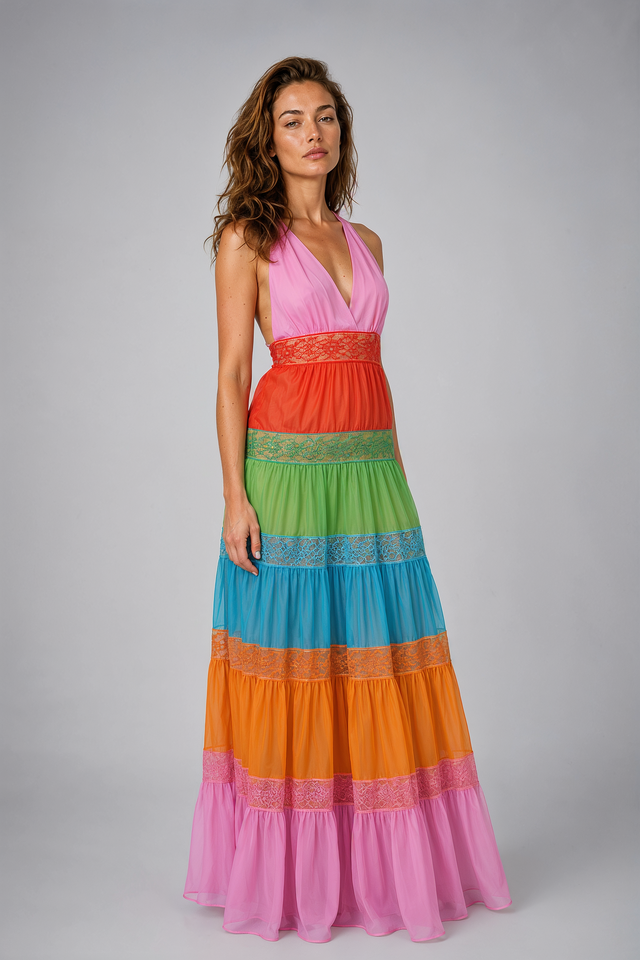 Valentino Multicolor Tiered Lace Maxi Dress