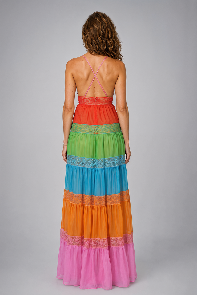 Valentino Multicolor Tiered Lace Maxi Dress