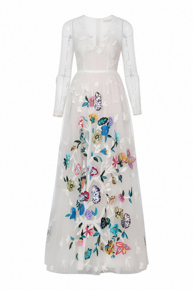 Valentino White Floral Embroidered Sheer Maxi Dress