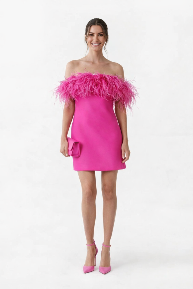 Valentino Fuchsia Feather-Trimmed Crepe Mini Dress