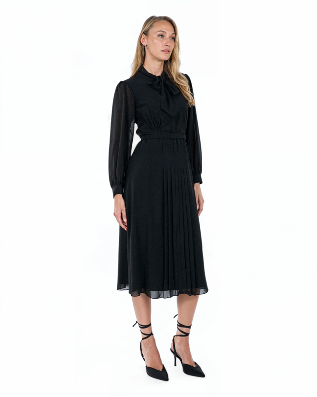 Mikael Aghal Long-Sleeve Pleated Bow Midi Dress