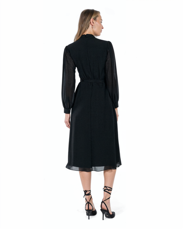 Mikael Aghal Long-Sleeve Pleated Bow Midi Dress