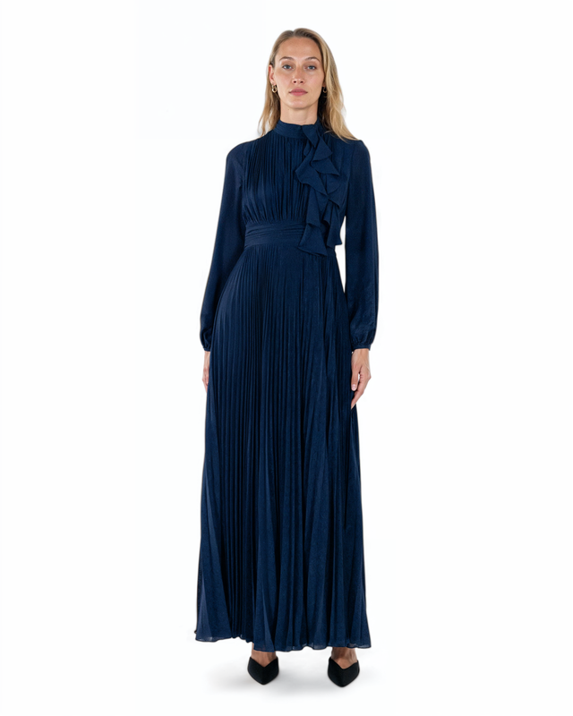 Mikael Aghal Pleated Ruffle Gown