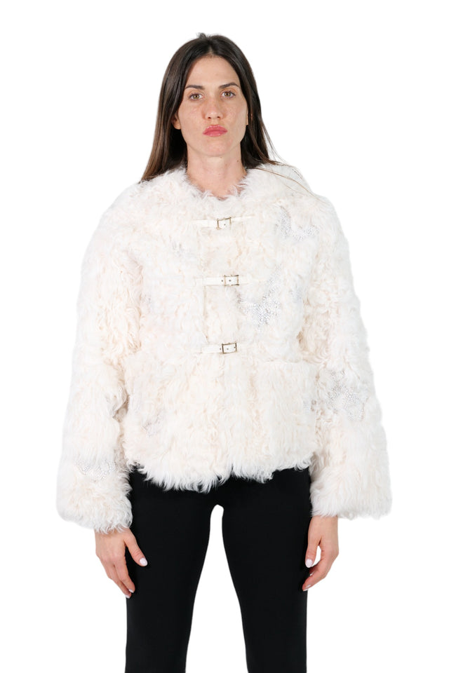 Valentino Shearling Fur Jacket with Buckle Closures in Ivory