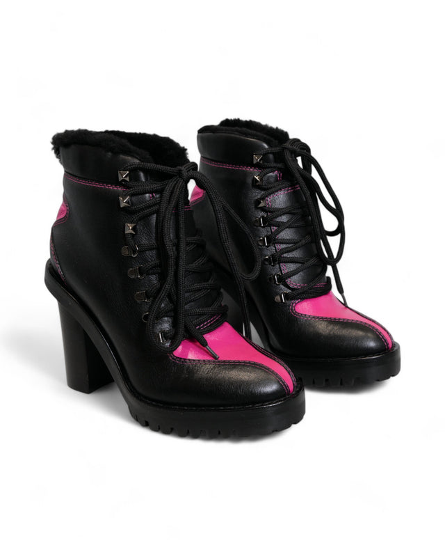 Valentino Garavani Women's Black and Pink Heeled Hiking Boots