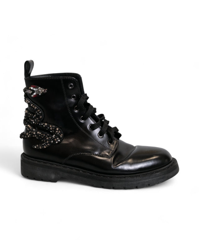 Valentino Garavani Women's Black Lace-Up Ankle Boots with Crystal Embellishments