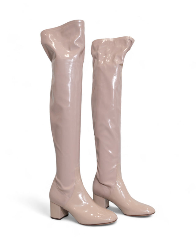 Valentino Garavani Women's Beige Patent Leather Over-the-Knee Boots