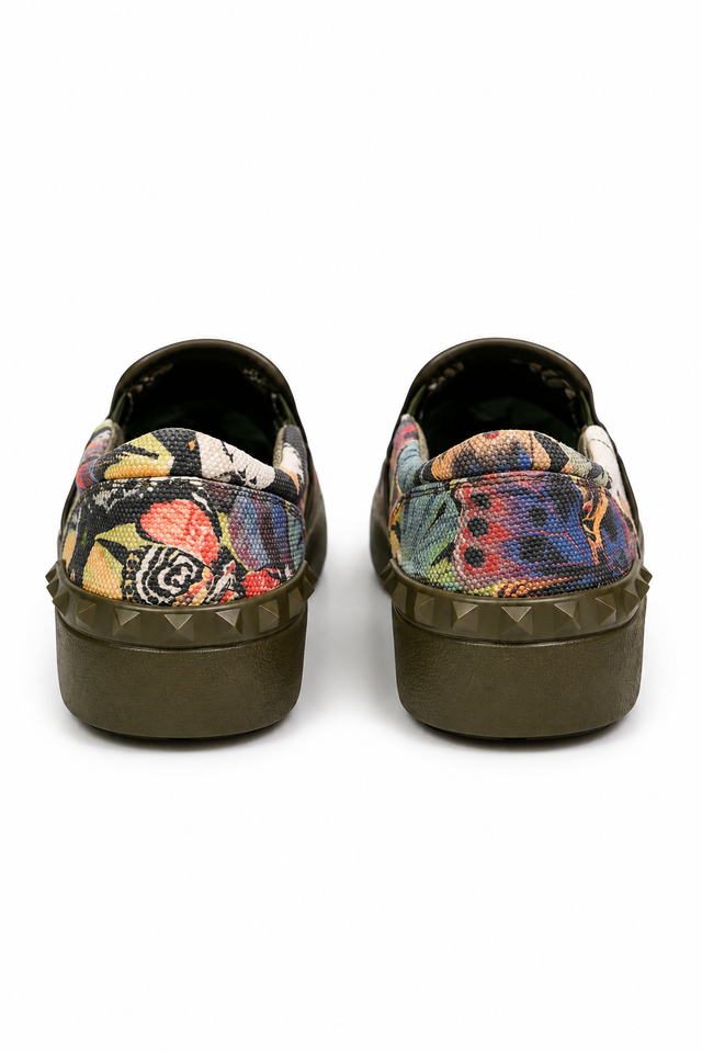 Valentino Garavani Printed Canvas Slip-On Sneakers with Rockstud Detail