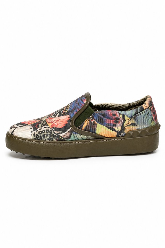 Valentino Garavani Printed Canvas Slip-On Sneakers with Rockstud Detail