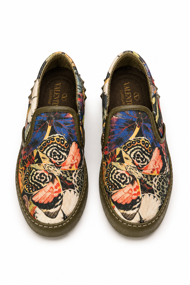 Valentino Garavani Printed Canvas Slip-On Sneakers with Rockstud Detail