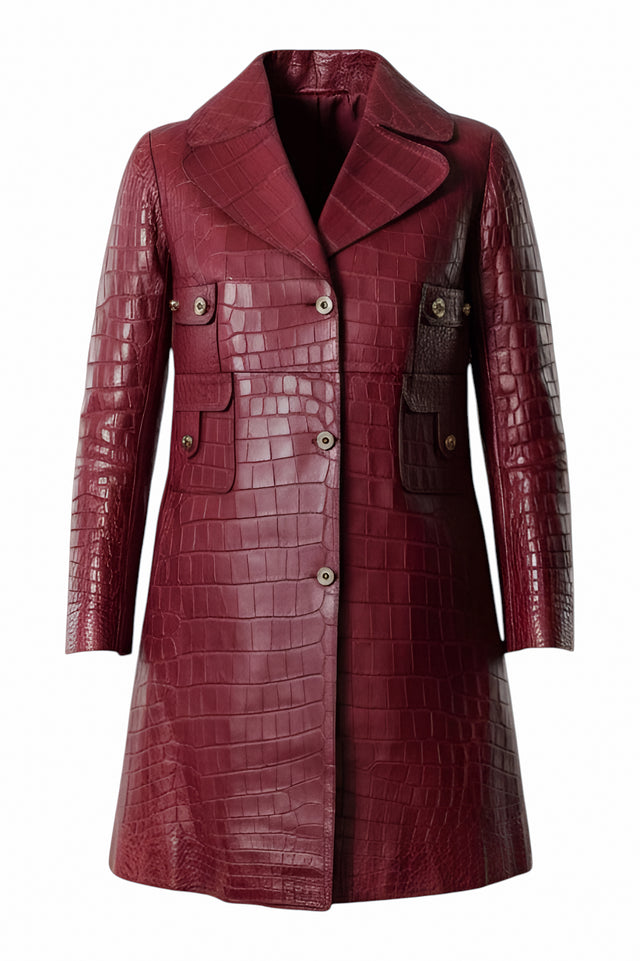 Valentino Burgundy Crocodile-Embossed Leather Trench Coat