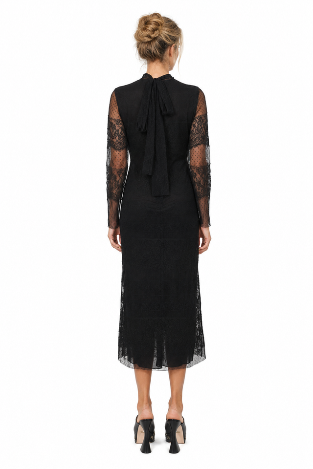Valentino High-Neck Lace & Point D'Esprit Tie-Back Midi Dress in Black