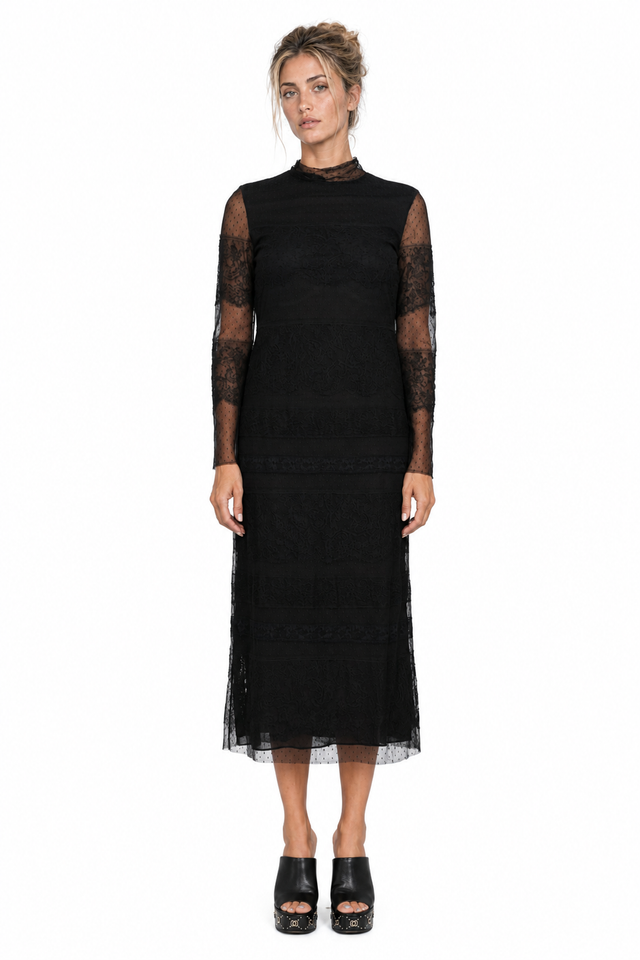 Valentino High-Neck Lace & Point D'Esprit Tie-Back Midi Dress in Black