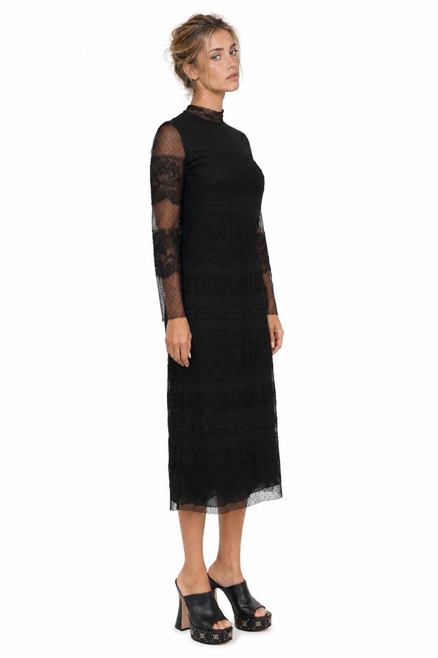 Valentino High-Neck Lace & Point D'Esprit Tie-Back Midi Dress in Black