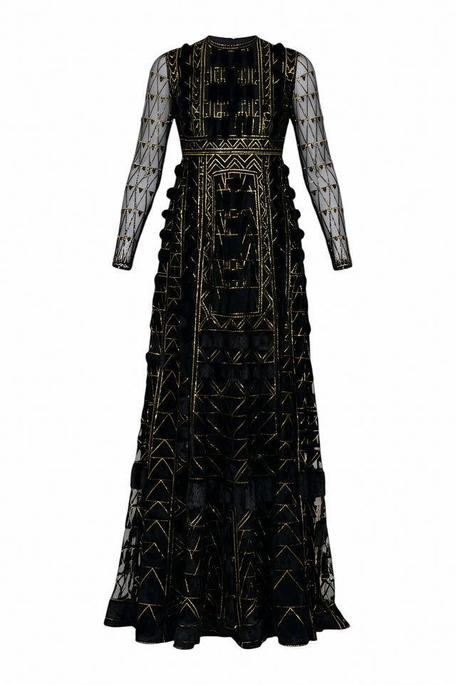 Valentino Black and Gold Geometric Embroidered Gown