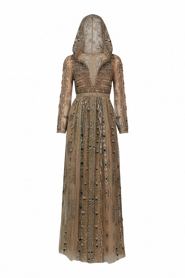 Valentino Embellished Long-Sleeve Gown in Gold
