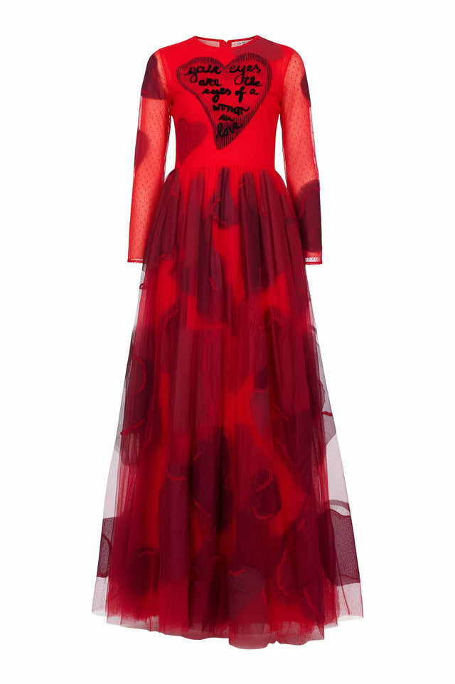 Valentino Sheer Red Heart-Embroidered Gown