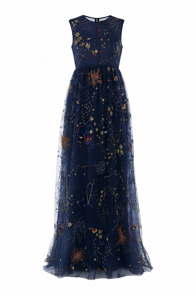 Valentino Celestial Embroidered Tulle Gown - Midnight Blue