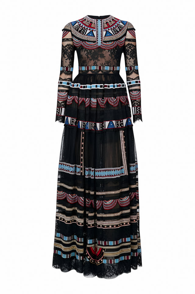 Valentino Embroidered Lace Gown in Black Multicolor