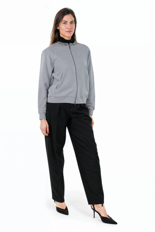 Fabiana Filippi Light Grey Zip-Up Sweater with Embellished Collar