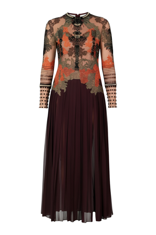 Valentino Embroidered Tulle and Pleated Silk Gown — Burgundy & Burnt Orange